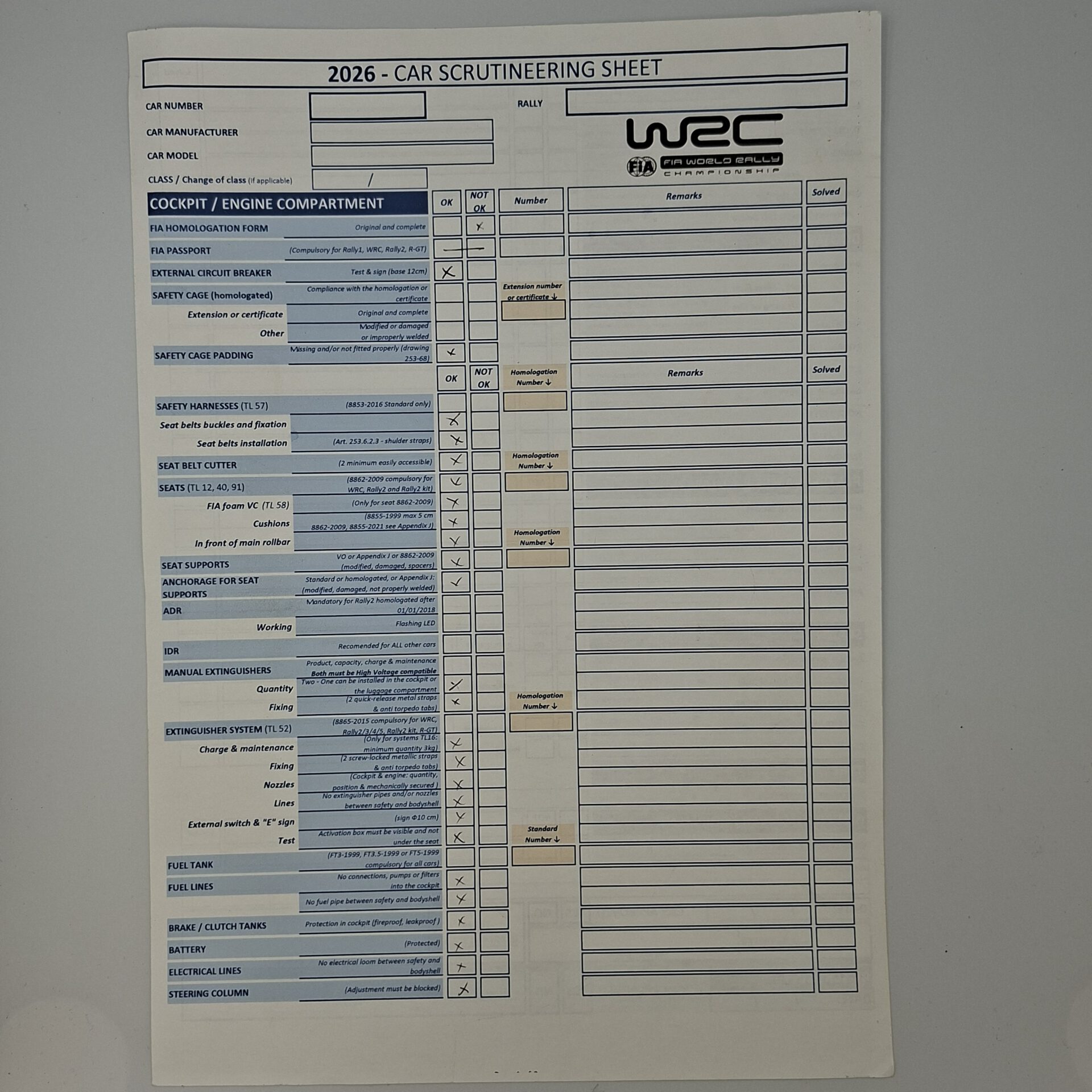 Scrutineering sheet